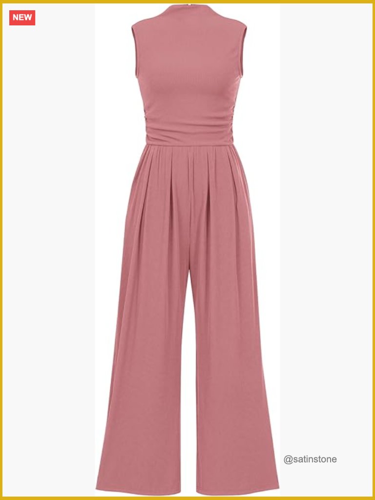 Sleeveless Mock Neck Wide Leg Jumpsuit With Pockets